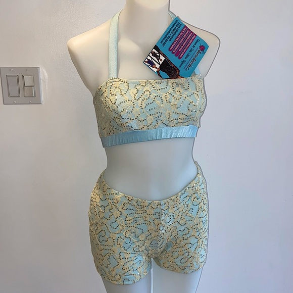 NWT Unique Sparkling Gold Sequinned Baby Blue Stretch Two Piece Co-ord Set - Picture 1 of 9